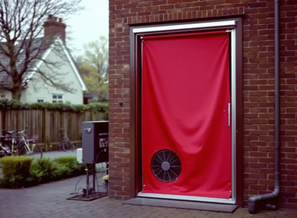 Een voordeur van een bakstenen woning, afgesloten met een rood doek in een frame met een grote ronde ventilator erin, opgesteld voor een blowerdoortest