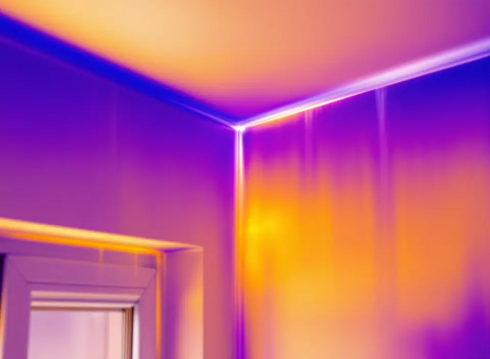 De hoek van een kamer boven een raam in de valse kleuren van een warmtebeeld, met koude paarse strepen langs plafond en kozijn
