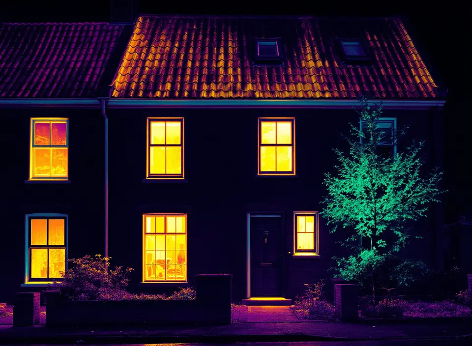 Een rijtjeshuis in de valse kleuren van een warmtebeeld: ramen, dak en de kier onder de voordeur gloeien geel en oranje, de muren zijn donkerpaars